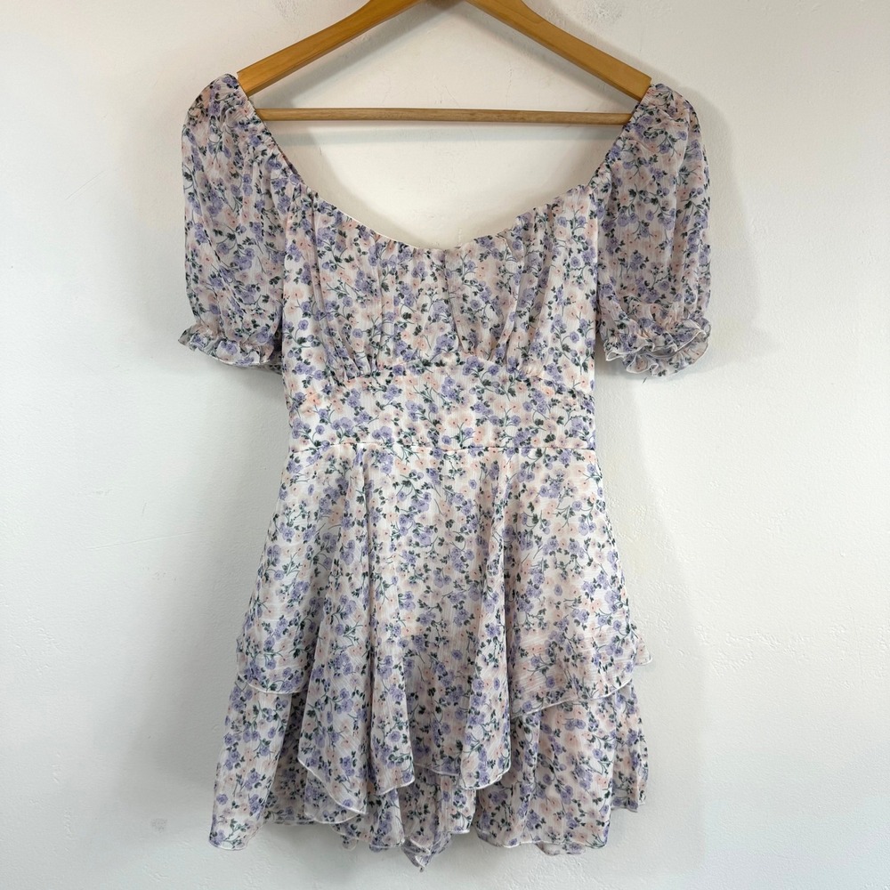 NWT Kenedik Floral Romper Dress Cottagecore Coquette Tiered‎ Puff Sleeve Mini S